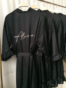 Women's Sleepwear Black Personalized Ruffle Robe Bridesmaid Silk Kimono Gown Bridal Shower Wedding Day Customized Getting Ready Dressing