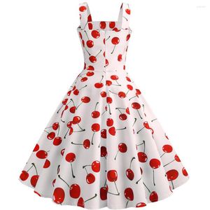 Casual Dresses Purity Summer Dress Women 2023 Kläder Vintage Cherry Print ärmlös Sling Evening Party Prom Swing Robe Femme