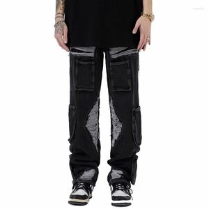 Jeans masculinos hi street destruído carga com buracos moda streetwear rasgado calças jeans solto ajuste calças angustiadas