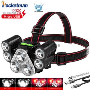 Lampade frontali Lampada frontale ultra luminosa a 7 LED Lampada frontale ricaricabile tramite USB Luce bianca/rossa 4 modalità di commutazione Lampada frontale Torcia frontale impermeabile 18650 HKD230922