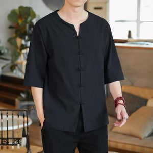 Мужские повседневные рубашки 2023, льняная мужская одежда, рубашка в китайском стиле с коротким рукавом в стиле ретро, однотонная свободная рубашка с воротником-стойкой, большие размеры