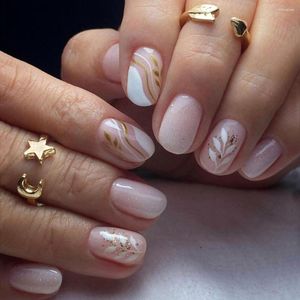 False Nails 24pcs Round Head French Fake With Leaf Glitter Designs Waterproof Wearable Manicure Nail Art Tips Press On