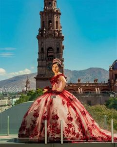 Flores vermelhas apliques vestido de baile vestidos quinceanera 2023 fora do ombro princesa doce 16 vestido de 15 anos