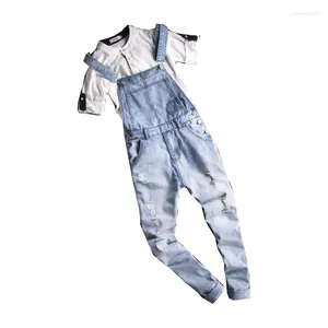Men's Jeans Light Blue Slim Snow Washed Denim Bib Overalls For Tall Big Plus Size Hole Ripped Suspenders Jumpsuits Cargo Torn