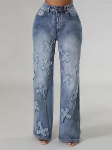 Damskie dżinsy Sifreyr moda niebieska splicowana wysoka talia szerokiej nogi długie spodnie dżinsowe mostek hip -hop prosta jesień dla kobiet