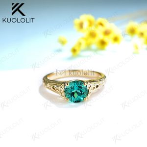 Anéis de casamento Kuololit sólido 18k 14k ouro amarelo para mulheres laboratório cultivado esmeralda pedra preciosa clássica graça anel de noivado presentes de festa 230921