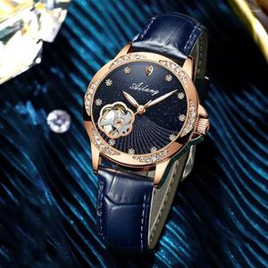 Наручные часы AILANG, брендовые модные синие механические часы для женщин, роскошные кожаные водонепроницаемые полые автоматические женские часы с бриллиантами