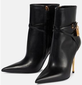 Luxur Designer Winter Luxury Women's Black Padlock Leather Ankle Boots Black Calf Leather Pointed Toe key Booties Lady High Heel Party Boot EU35-43 With Box