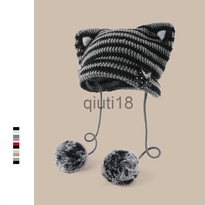 BeanieSkull Caps BeanieSkull Caps Fatto a mano Y2k Giapponese Cat Ear Berretti Coniglio Capelli Pompon Strisce Sweetheart Ragazza Maglia Berretto Autunno e Inverno Caldo Cappelli da donna 23071