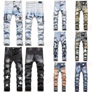 Mens Designer Jeans Fashion European America Style Jean Hombre Letter Star Embroidery Pants Patchwork Ripped For MotorCycle Pant SkinnyTxim