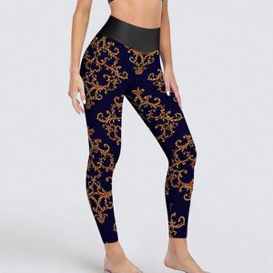 Kvinnors leggings vintage barock guld damast gym yoga byxor kvinnor skjuter upp nyhet leggins sexig elastisk mönster sport tights stor storlek