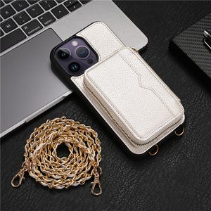 نمط Litchi Luxury Crossbody Zipper for iPhone 15 Plus 14 13 12 11 Pro Max Samsung Galaxy S23 Ultra S23fe فتحات بطاقة متعددة