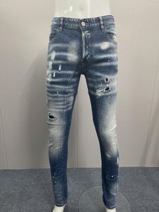 Men's Jeans Spring/Summer 2023 Fashion Wash Print Roll Pant Feet Paint Slim Fit Small Dark Blue Men