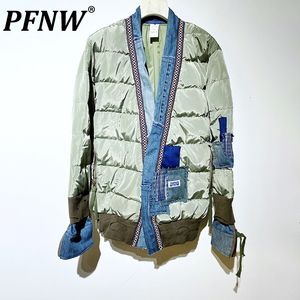 Mens Down Parkas PFNW Autumn Winter Fake Two Pieces Denim Patchwork Contrast Padded Cotton Coat Chic Warm Open Stitch Print Jackets 12A7794 230922