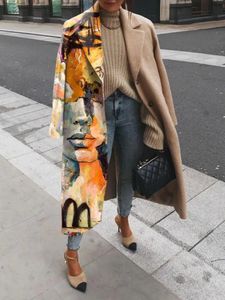Casacos femininos casuais lapela manga longa mistura casacos de lã moda retrato impressão mulheres longo casaco inverno elegante senhora cardigan outerwear 230922
