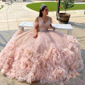 2023 Quinceanera Ball Gown Dresses V Neck Off Shoulder Sequined Lace Rose Gold Pink Flowers Ruffles Plus Size Prom Evening Gowns Corset Back