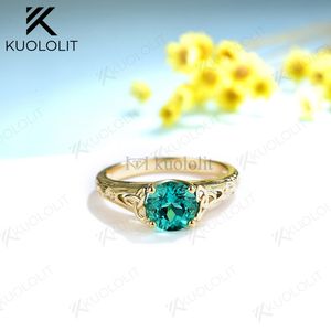 Wedding Rings Kuololit Solid 18K 14K Yellow Gold for Women Lab Grown Emerald Gemstone Classical Grace Ring Engagement Party Gifts 230922