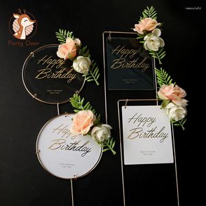 Suprimentos festivos 1 pçs metal feliz aniversário bolo topper flores artificiais toppers para diy chá de bebê festa decoração cozimento