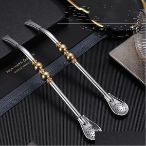 Te Scoops Golden Duble Bead St Spoon avtagbar för Clean Filter Yerba Mate Sts Återanvändbart Drick Milk Kitchen Supplies 20220825 DRO DHC19