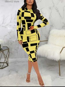 Basic Casual Dresses LW SXY Geometric Print Patchwork Bodycon Dress Mock Neck Body-shaping Long Sleeve Stretchy Women Skinny Streetwear Clothing T230922