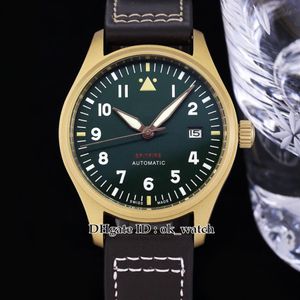 Автоматические мужские часы Miyota 9015 высшего качества, 39 мм, бронзовые, IW326802, оливково-зеленый циферблат, коричневые кожаные мужские спортивные часы237Y