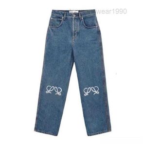 Byxa Lowe Designer Legs Fork Tight Denim Trousers Fleece Thicken Warm Jean Brand Women Embroidery Printing
