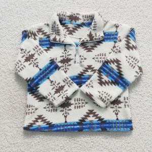 Giacche all'ingrosso Autunno-Inverno per bambini Motivo geometrico Cappotto in pile con cerniera blu e bianco Top a maniche lunghe per vestiti per bambini