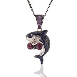 Lodowany bokserski rekin Naszyjnik moda męska biżuteria biżuteria złota srebrna kubańska