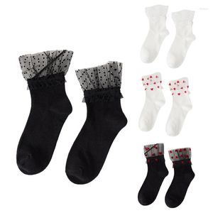 Women Socks Fashion Summer Autumn Crew Cotton Creative Personality Sweet Ruffle Mesh Trim Black White Breathable Hosiery