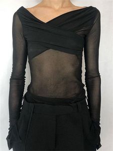 Женские комбинезоны Rompers Tossy SeeThrough Sheer Mesh Tops Кружева с длинным рукавом Сексуальный женский боди для ночного клуба Skinny Wrap Ladies Body Black 230922