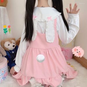 カジュアルドレス日本秋カワイイロリータ2ピーススーツコスプレロリ弓耳シャツ甘い女の子の袖なしフリルサスペンダードレス