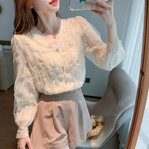 Blusas femininas moda mulher blusa 2023 outono coreano com decote em v único breasted camisa de manga longa base de roupas