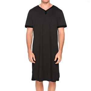 Men's Sleepwear Solid Color Robe Loose Short Sleeve Nightdress Extended Long T-shirt V Neck Nightwear Pajamas Loungewear Summer