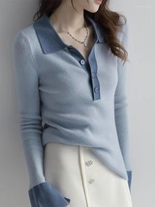 Kvinnors tröjor Hösten stickad tröja Kvinnor Casual Flare Sleeve Polo Collar Pullover Female Korean Fashion Elegant Slim Button Basic