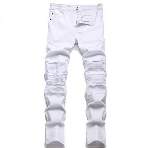 Mens Jeans High Street Moda Branco Buraco Patch Elástico Slim Fit Plissado Skinny Sólida Qualidade Denim Calças 230921