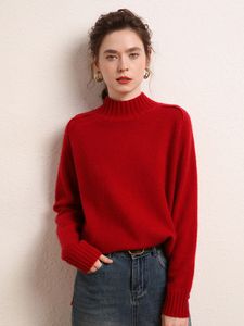 Women's Sweaters Autumn and Winter Half High Neck 100 Pure Woolen Sweater Thickened Split Loose Knit Underlay 230921