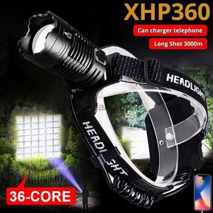 Huvudlampor XHP360 Mest kraftfulla LED-strålkastare Zoomable 36-kärnig strålkastare USB-uppladdningsbar 7800mAh Batterihuvud Ficklampe Camping Fish Lamp HKD230922