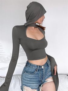 Women's Hoodies CHRONSTYLE Y2K Long Flare Sleeve Front Hollow Out Sweatshirts Streetwear Solid Slim Fit Crop Tops Party Clubwear 2023