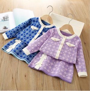 Spring Autumn Baby Girls Meninas de malha Conjuntos de roupas crianças Cardigã de malha comprido+saias 2pcs Conjunto de crianças roupas de menina de 2-7 anos