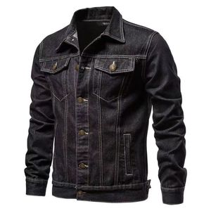 New Cotton Denim Jacket Men 캐주얼 한 단색 옷깃 싱글 가슴 청바지 재킷 남자 가을 슬림 핏 품질 남성 재킷