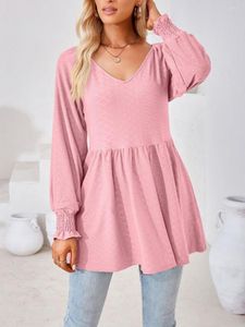 Kvinnors T-skjortor Solid Color Women Tunic Tops T-shirt Autumn Winter Long Sleeve V Neck Jacquard Loose T-shirts Peplum Bluses Ladies