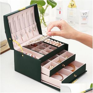 Watch Boxes Cases Mtifunctional Threelayer Leather Derstyle Jewelry Box Earrings Lock 230325 Drop Delivery Watches Accessories Dht1A