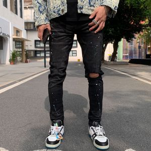 Erkek kot pantolon yüksek sokak moda erkekler retro siyah gri streç skinny fit yırtık boyalı tasarımcı hip hop marka pantolon hombre 230922