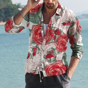 メンズカジュアルシャツ3Dローズプリントシャツラペルボタン男性用ヴィンテージファッション男性服ストリートウェアラグジュアリートップ