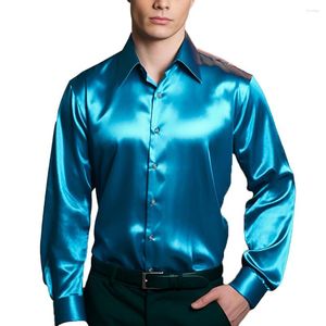 Herrklänningskjortor Mens Casual Satin Silk Button Down Shirt Slim Fit Party Long Sleeve