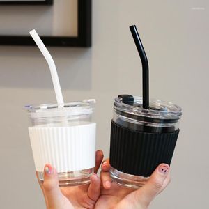 Wine Glasses 350ml Eco Friendly Takeaway Thick Glass Coffee Cups With Straw Reusable Travel Drinking Mugs For Juice Milk Cafe