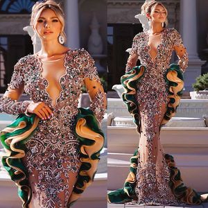 2023 Aso Ebi árabe ouro sereia vestido de baile frisado cristais rendas noite festa formal segunda recepção vestidos de noivado de aniversário vestidos robe de soiree zj35