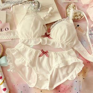 BHs Sets Japanische Chiffon Nette BH Höschen Set Rüschen Wirefree Weiche Unterwäsche Schlaf Dessous Set Kawaii Lolita Frauen Unterwäsche Set Q230922