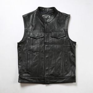Men's Vests Support Customized Stand-up Collar Mesh Eyelid Undershirt Leather Multi-pocket Club Biker Cycling Cowhide Vest