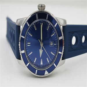 Fin kvalitet Automatisk mekanisk arv 46 Titta på Blue Dial Watch Silver Rubber Belt Siliver Case Men's Wristwatch224Z